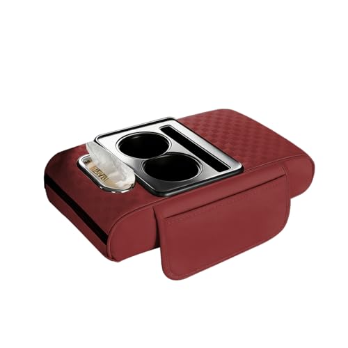 Car Center Console Armrest Pillow, 5-in-1 Armrest Box Cover with Cup Phone Holder & Storage Pocket Tissue Box, Multifunctional Auto Middle Console Arm Rest Protector, Universal Fit (Red) - color: Red