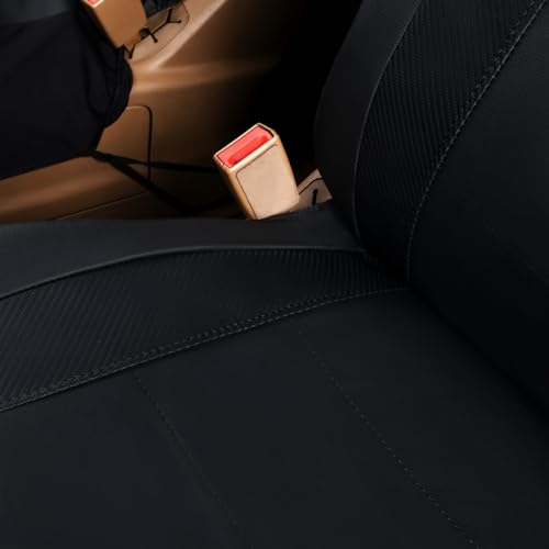 Flying Banner car seat Covers Quality Carbon Fiber Air Mesh Fabric Sport Low High Back Bucket Back Pocket Arm Rest (2 Fronts-Low Bucket-Built-in Seatbelt Compatible, Black - Faux Leather) - color: Black - Faux Leather -- Built-in Seatbelt Compatible, size