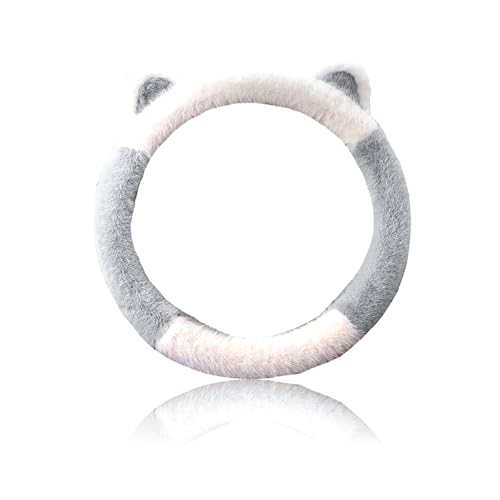 Car Steering Wheel Cover, Cute Steering Wheel Protector with Kitty Cat Ears,Fluffy Soft Plush for Winter Warm, Universal Fit 15 inches for Car,SUV, Elastic & Anti-Slip (White/Gray) - color: White/Gray