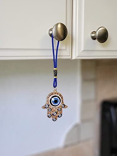 LUCKBOOSTIUM Hamsa Hand Amulet Pendant with Blue, White & Black Crystal Rhinestones & Evil Eye - Car Hanging Ornament, Rearview Mirror Accessories, Evil Eye Protection, Bag Charm, Gold Tassel - color: Gold Finish & Matching Tassel