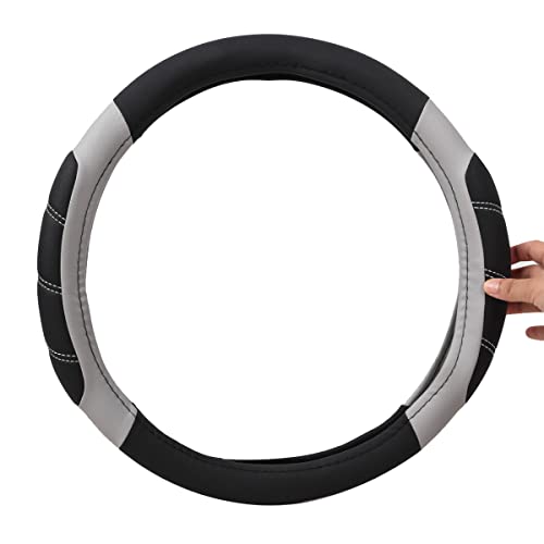 CAR PASS Line Rider Microfiber Leather Sporty Steering Wheel Cover Universal Fits for 95% Truck,SUV,Cars,14.5-15inch Anti-Slip Safety Comfortable Desgin (Black-Gray)