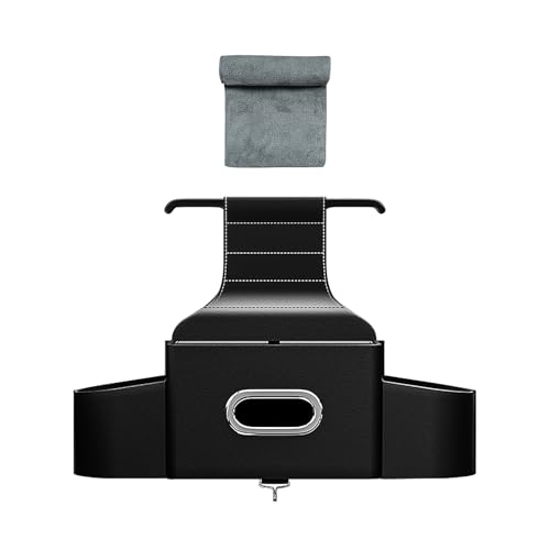 Back Seat Car Organizer with One Towel Leather Wood Materials Car Back Seat Storage Box 2 Drink Cup Holder Tissue Box for Hold Phone Drinks Handbag Compatible with Most Vehicles (Black)