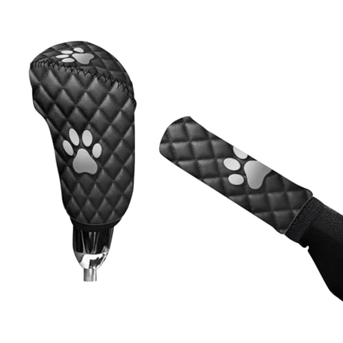 Dog Paw Print Car Handbrake Cover with Gear Shift Knob Covers, Soft Anti-Skid Handbrake Covers with Gear Shift Covers, All Weather Protector, Auto Interior Accessories, Set of 2 - color: Black and Gray - Dog Paw