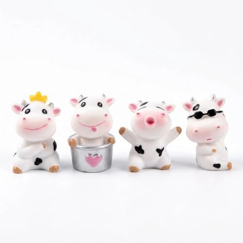 4 Pcs Mini Resin Dairy Cow Figurines, Cute Car Dashboard Decor, Funny Rearview Mirror Ornaments, Fairy Garden Landscape, Gift for Pet Lovers (White Dairy Cow)