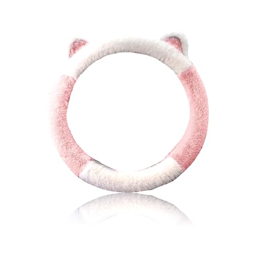 Car Steering Wheel Cover, Cute Steering Wheel Protector with Kitty Cat Ears,Fluffy Soft Plush for Winter Warm, Universal Fit 15 inches for Car,SUV, Elastic & Anti-Slip (Pink/White) - color: Pink/White