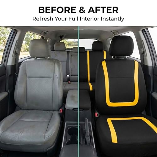 FH Group Car Seat Covers Unique Flat Cloth Full Set Automotive Seat Covers Front Set and Rear Solid Bench Yellow Black Seat Covers w. Gift Universal Fit Interior Accessories for Cars Trucks and SUVs - color: Yellow