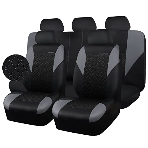 CAR PASS Ultrasonic Embossing Cloth Universal Seat Covers-Breathable Car Seat Cover with 5mm Composite Sponge Inside,Airbag Compatible,2zipper Bench for Sedan,SUV,Truck(Black and Gray,Full Set) - color: Black and Gray
