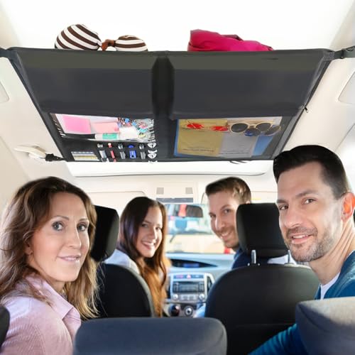 Car Ceiling Cargo Net,Double-Layer Mesh Car Roof Storage Organizer,Strengthen Load-Bearing Mesh Net Storage Pocket,Camping Road Trip Essentials Truck SUV Organizer Accessories