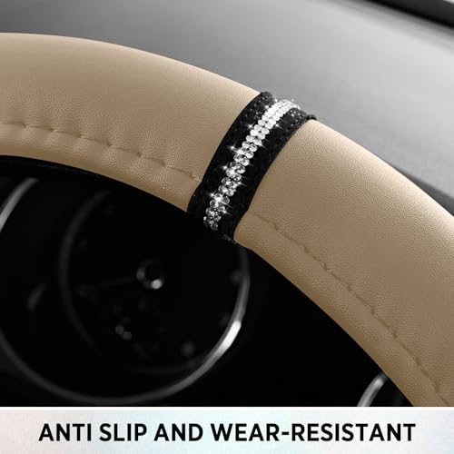 Road Comforts Leopard Steering Wheel Cover for Women, Cute Anti-Slip Microfiber Leather, Fits D Shape Flat Bottom Steering Wheel 14.5-15 Inch - Beige - color: D Shape-Beige