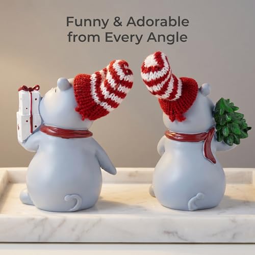 2-Piece Funny Christmas Hippo Ornaments Hippopotamus Gifts Resin Hippo Figurines for Indoor Tabletop Christmas Decorations Holiday Home Decor, Ideal Xmas Gift for Family & Friends