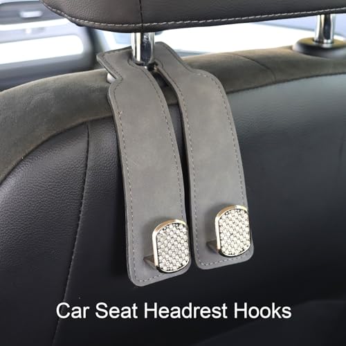 Purse and Bag Hook for Car, Zinc Alloy Seat Headrest Hooks, Upgraded Leather Cute Car Seat Back Purses Hanger and Bags Holder (Grey Diamond, 2Pack) - color: Grey Diamond