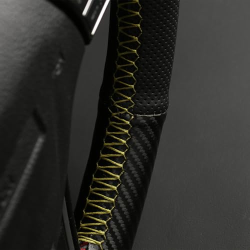 Elegant Steering Wheel kit Wrap, Matte Carbon Steering Wheel Cover and Microfiber Leather, Hand Stitched, Universal Size with Centering Mark.Yellow - color: Yellow Thread