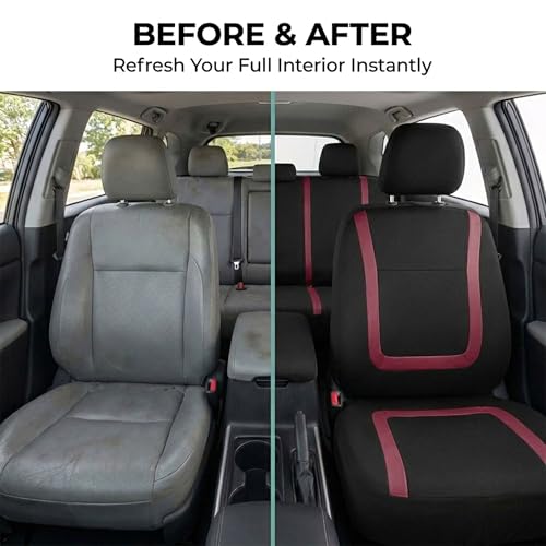 FH Group Car Seat Covers Unique Flat Cloth Full Set Automotive Seat Covers Front Set and Rear Solid Bench Burgundy Black Seat Covers w. Gift Universal Fit Interior Accessories for Cars Trucks and SUVs - color: burgundy