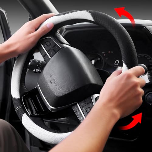 Nappa Leather Steering Wheel Cover, Universal 14.5-15 inch, Anti-Slip Breathable Leather, Sporty Style, Durable Grip Car Accessory for Men Women, White - color: white