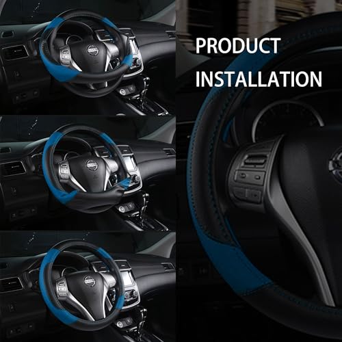 Leather Car Steering Wheel Cover, Non-Slip Car Wheel Cover Protector Breathable Microfiber Leather Universal Fit for Most Cars (Blue-2) - color: Blue-2