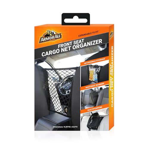 Armor All Front Seat Cargo Net Organizer, Super-Durable Expandable Nylon Material, Attaches to Headrest Post, Stretchable Net Car Organizer with Mesh Pocket, Universal Fit, Accessible Storage