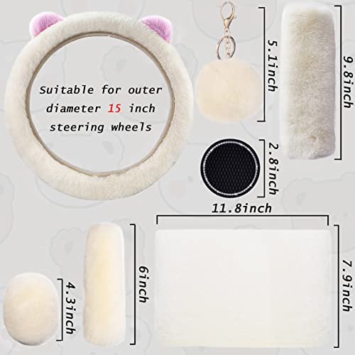 9 Pack Cute Bear Fluffy Steering Wheel Cover with Furry Gear Cover,Handbrake Cover,Seat Belt Pad,Armrest Pad,Bling Car Coaster and Fur Key Chain for Women Girls (Beige) - color: Beige