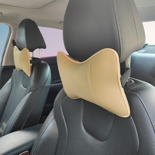 2 Pack Car Neck Pillow PU Leather Automotive Headrest Pillow for Car Support Neck Pain Relief Universal Car Pillow (Beige) - color: Beige
