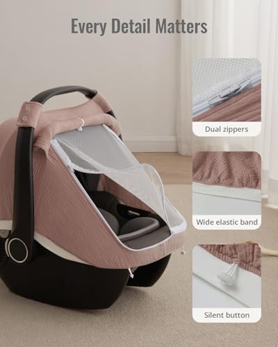 Blissful Diary Baby Car Seat Cover, Extra Large Mesh Window, Breathable Muslin Cotton, Infant Windproof Canopy-Dusty Pink - color: Dusty Pink