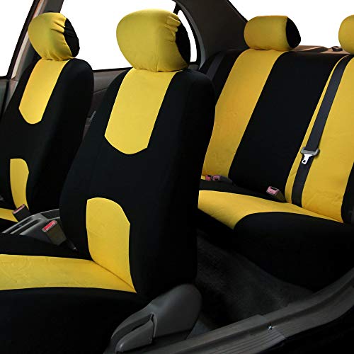 FH Group Bright Flat Cloth Full Set Automotive Seat Covers Front Set and Rear Solid Bench Yellow Black Seat Covers w. Gift Universal Fit Interior Accessories for Cars Trucks and SUVs - color: Yellow