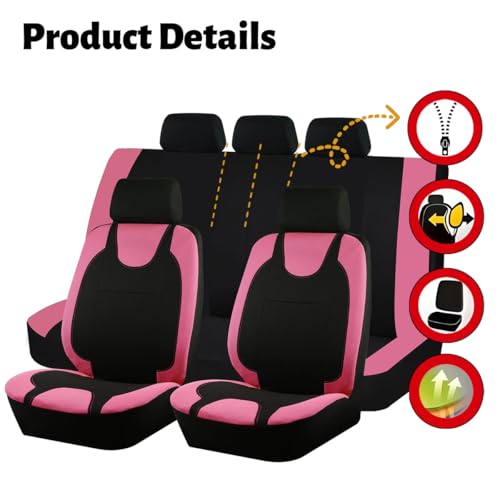 Car Seat Covers Full Set, Polyester Vehicle Front & Rear Bench Seat Protectors with 5 Headrest Covers, Automotive Interior Chair Protection Accessories, Universal Fit (Pink) - color: Pink