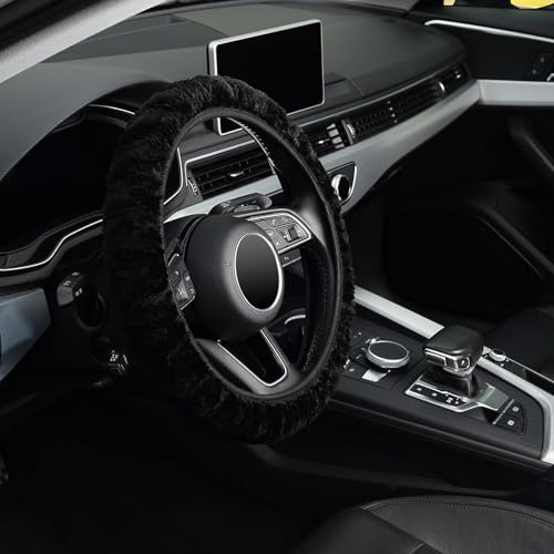 Soft Faux Wool Winter Car Stretch-On Steering Wheel Cover (Diameter 13.7in-15.7in,Plush Black) - color: Plush Black - Diameter 13.7in-15.7in