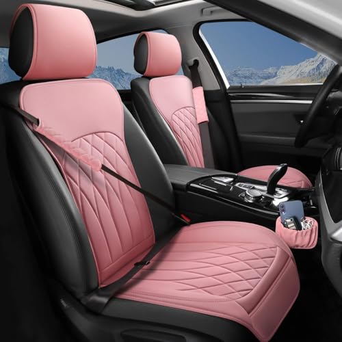 BEITK 2 Pack Leather Front Car Seat Covers, Universal Sideless Car Seat Protectors with Storage Pocket and Seat Belt Pads, Waterproof Automotive Seat Cover for Cars Trucks SUV(Pink) - color: front pair pink