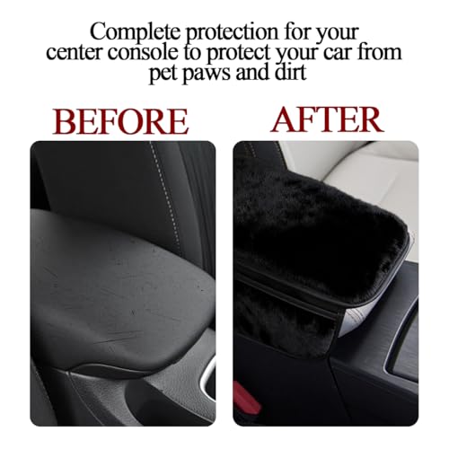 Car Armrest Cover, Soft Fluffy Leather Plush Vehicle Center Console Pad with 2 Storage Bags, Furry Automotive Interior Arm Rest Seat Box Cushion Protector Accessories, Universal Fit (Black)