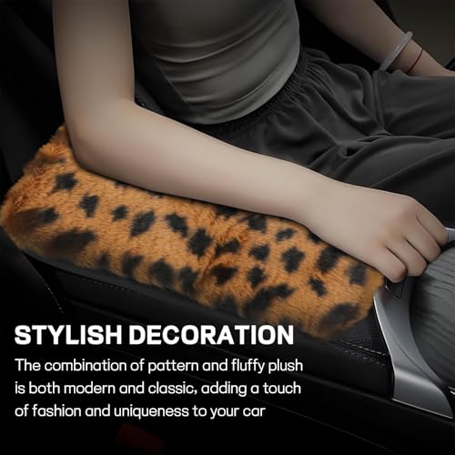 wuyaoyao Car Center Console Cover, 11.8"×7.87" Soft Sheepskin Wool Car Armrest Cover, Leopard Print Auto Armrest Cushion Pad, Furry Vehicle Arm Rest Protector, Universal Car Accessories (Brown)