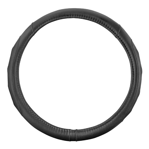 Motor Trend GripDrive Faux Black Leather Steering Wheel Cover for Car Truck Van SUV, Small 14 inch Size, Solid Black Stitched Car Steering Wheel Cover Vehicle & Auto Accessories