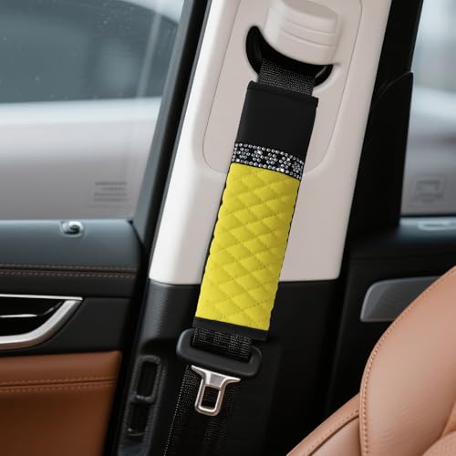 wuyaoyao 2PCS Bling Car Seat Belt Cover Pad, Breathable Leather Seatbelt Covers for Cars, Soft Comfortable Seatbelt Shoulder Strap Covers, Rhinestone Auto Seat Belt Protector Cushion (Yellow) - color: Yellow
