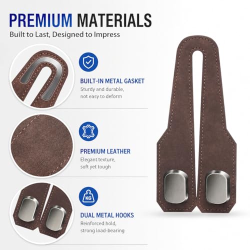 2Pcs Car Headrest Hooks with Premium Leather, Upgraded Double Metal Hooks with Anti-Drop Design, Universal Back Seat Hanger for Bags, Coats, Purses and Groceries (Stylish Brown)