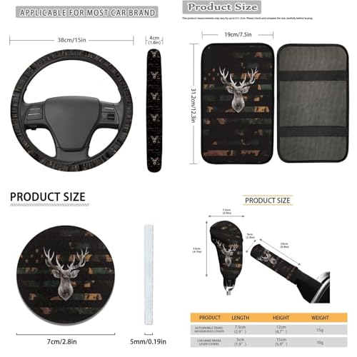 American Flag Printed Car Accessories Sets, 16 Pack Camo Deer Printed Car Front and Back Seat Cover Steering Wheel Cover Safety Belt Cover Armrest Cover Car Head Rest Cover Car Coaster - color: Black and Brown - American Flag Camo Deer