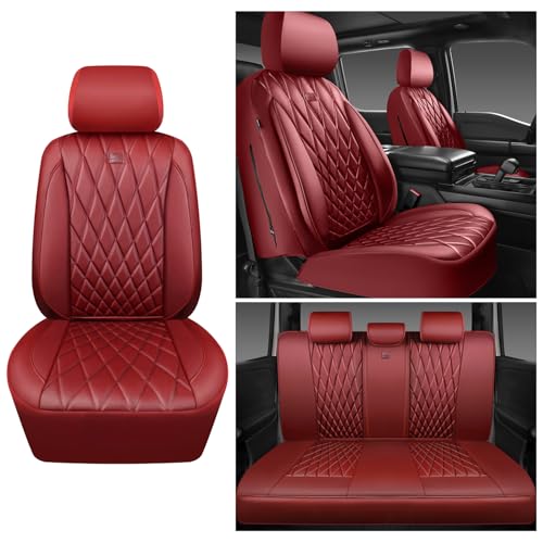 CAR PASS Piping Luxury Faux Leather Seat Covers Full Set, Premium Delux Anti-Slip Waterproof Automotive Seat Cover Universal Fit for Sedans Suvs Vans Trucks, Armrest & Airbag Compatible, Burgundy Red - color: Pure Burgundy Red, size: Full Set