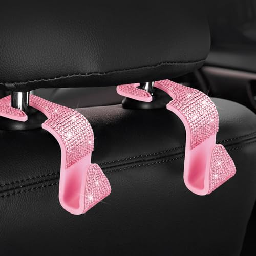 4PCS Bling Car Seat Headrest Hooks, Vehicle Back Seat Purse Handbag Hanging Holder with Crystal Rhinestone, Diamond Storage Organizer Hook, Universal Automotive Accessories (Pink)