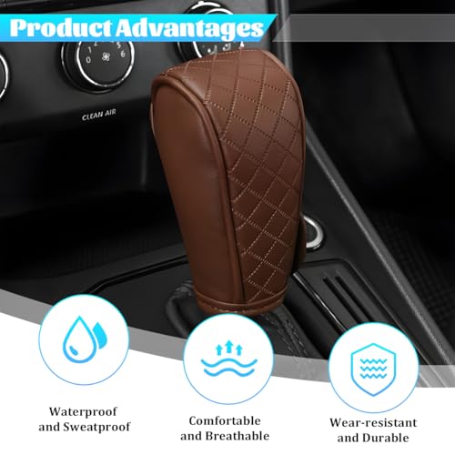 Car Gear Shift Cover, Diamond Embroidery Design Anti-Slip Vehicle Shifter Lever Protector, Automotive Shift Knob Handle Decoration, Universal for SUV Automobile Truck (Brown)