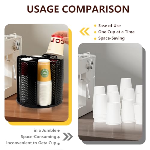 Coffee Cup Dispenser, Disposable Paper Cup and Lid Holder 360° Rotatable with 4 Compartments,Can Stacking 3-16oz Cups and Lid Holder for Coffee Shop,Home Countertop,Office,Restaurant,Kitchen