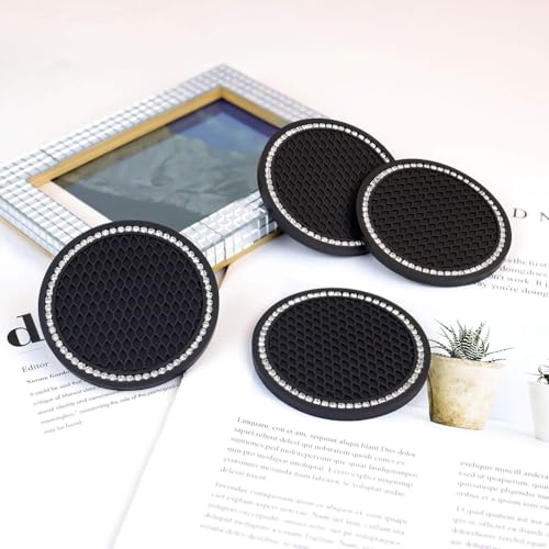 4 Pack Bling Car Cup Holder Insert Coasters Universal Bling Car Coaster with Rhinestone Crystal Car Cup Holder Coaster Auto Interior Accessories for Women 2.75 Inch Anti-Slip Car Cup Mat (Black)