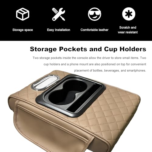 Car Center Console Armrest Pillow, Multifunctional Armrest Box Cover with Cup Phone Tissue Holder & Side Pockets, Waterproof Leather Middle Console Cushion for Most Vehicles (Beige, Embroidered) - color: Beige, size: Embroidered