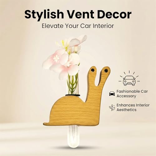 Little Glass Flower Vase Air Vent Clip, Wooden Stand Car Aroma Diffuser, Car Air Vent Decor Plant Holder, Auto Interior Decorations (Beech Snail)