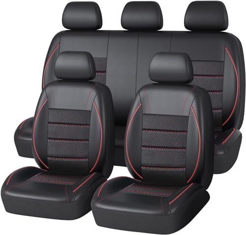 CAR PASS Universal FIT Piping Leather Car Seat Cover, for suvs,Van,Trucks,Airbag Compatible,Inside Zipper Design and Reserved Opening Holes (Full Set, Black and Red) - color: Red Black