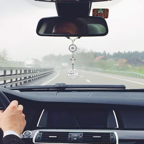 Car Cross Charms Christian Car Accessories Rear View Mirror Hanging Accessories for He Will Order His Angels to Protect You Wherever You Will Go Cars Rosary Bible Verse Religious Gifts for Women