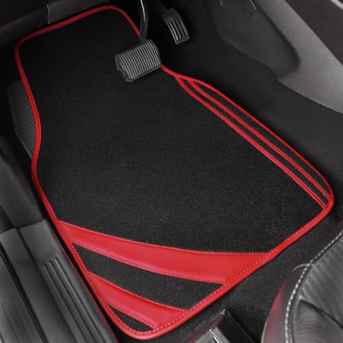 CAR PASS Red Edge Leather Car Floor Mats, Universal Waterproof Car Mats with Double Stitch Line and Anti-Slip Backing Design, for Cute Girly Women, Fit 95% Automotive,SUVs,Sedan,Vans (Black and Red)