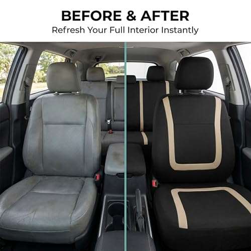 FH Group Car Seat Covers Unique Flat Cloth Full Set Automotive Seat Covers Front Set and Rear Solid Bench Beige Black Seat Covers w. Gift Universal Fit Interior Accessories for Cars Trucks and SUVs - color: Beige