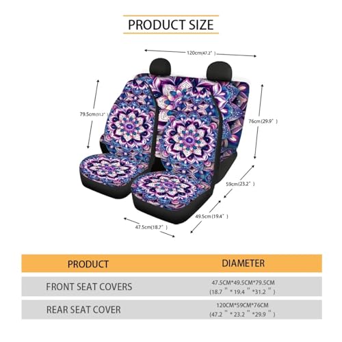 Mandala Car Seat Covers Full Set of 4 Pcs,Hippie Lotus Car Accessories Set Boho Hippie Floral Print Vehicle Bucket Sea Pad Breathable Split Bench Seat Pads for Women Girly - color: Mandala