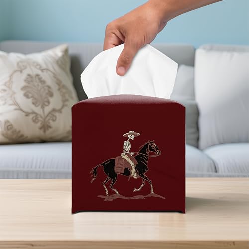 Skeleton Horse Rider 5.2-Inch Square PU Leather Tissue Box Cover – Rustic Gothic Rodeo Style, Hand-Stitched, Removable Liner, Bathroom, Bedroom, Living Room, Office Gift - color: Horse