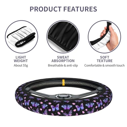 Purple Butterfly Steering Wheel Cover - Beauty Butterfly Wheel Cover Anti-Slip Breathable Universal for 15 Inch Car Steering Wheel Cover with 2 Pieces Car Coasters Suitable for Men Women - color: Butterfly 2