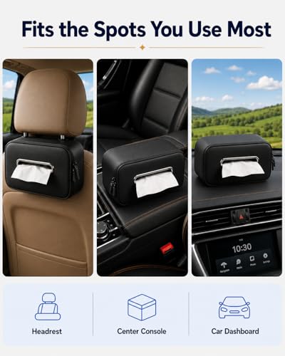 Leather Car Tissue Holder, Extra Large Tissue Holder for Car, Fits 120–230 Count Rectangular Tissue Boxes, Wider Opening for Easy Access, Dual Zipper for Headrest,Console,Seat Back (Black)