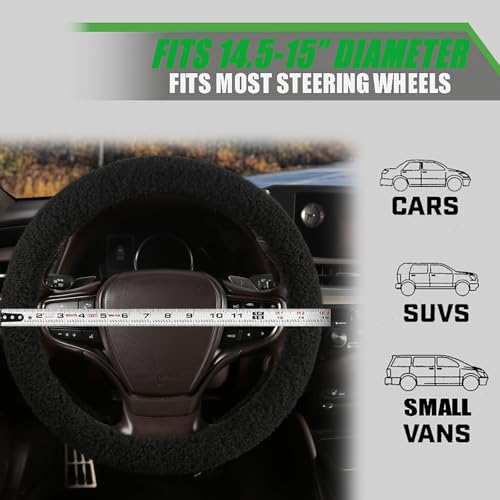 Fuzzy Warm Steering Wheel Cover for Winter, Soft Fleece Steering Wheel Cover for Women Men with Upgraded Silicone Inner Ring and Plush, Anti-Slip, Odorless Car Interior, Universal 14.5-15 Inch (Black)