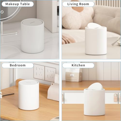 Mini Desk Trash Can with Lid for Desk,0.4 Gallon Brushed Stainless Steel Countertop Trash Can with Lid for Desktop Car Office Kitchen, Swing Top Trash Bin with a Roll of Trash Bag(White)